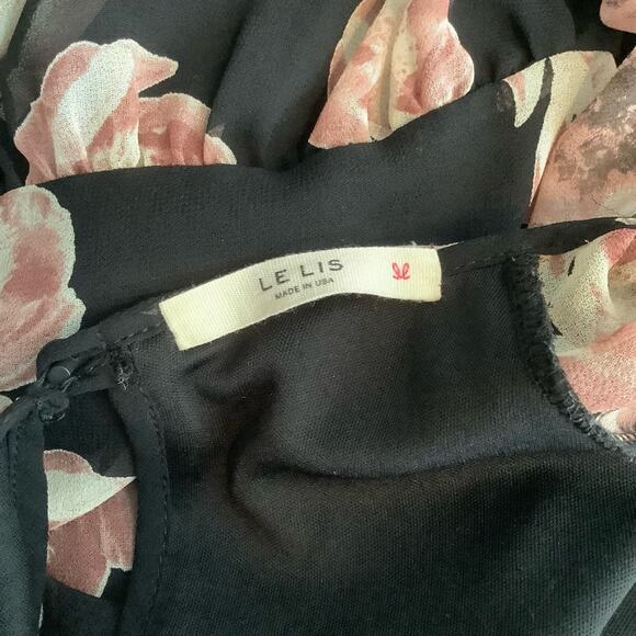 Le Lis Black Pink Floral Bell Sleeve Mini Dress Medium - Picture 5 of 6